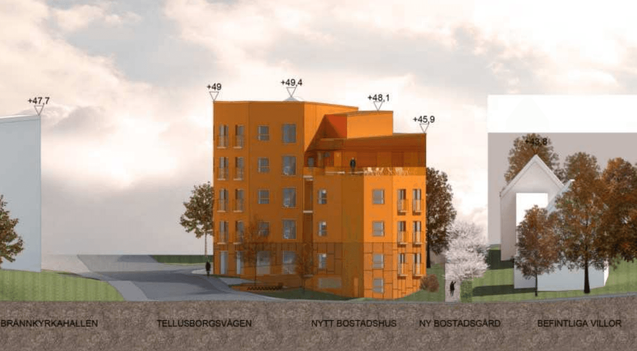 Midsommarkransen, nytt femvåningshus vid villaträdgårdar.