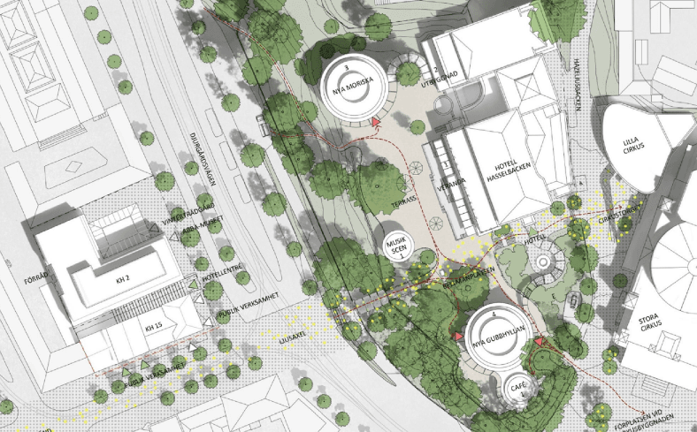 Situationsplan med föreslagen tillkommande bebyggelse inom Hasselbacken 1.