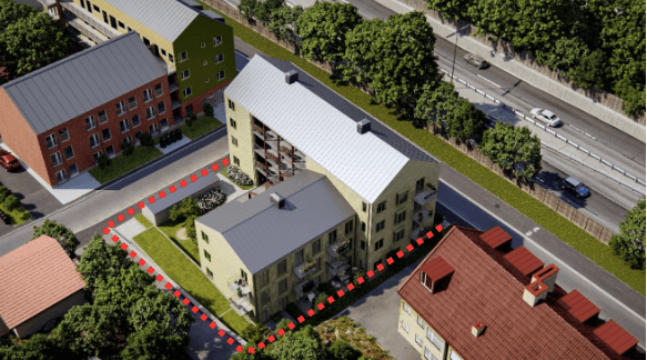 Hyreshus skuggar villor vid Malmköpingsvägen