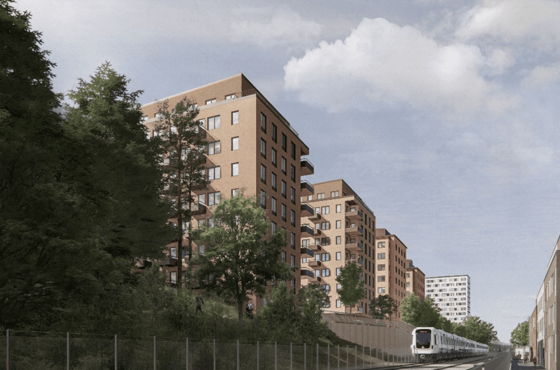 Höghus i skogsområde i Åkeslund vid Brommaplan